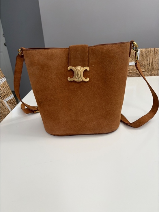 Celine Handbags - Celine Medium Louise Bucket Bag Suede Calfskin Brown Camel With Gold Hardware